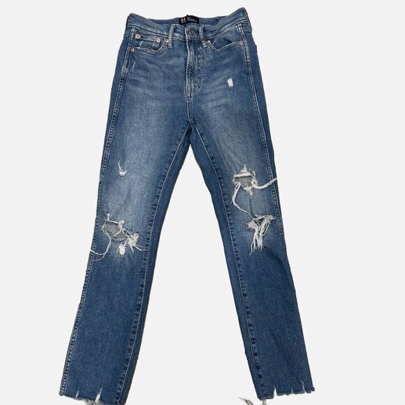 GAP 0 Grong Vintage Distressed High-Rise 25" Ripped Stretch Denim Blue Jean - Picture 1 of 4